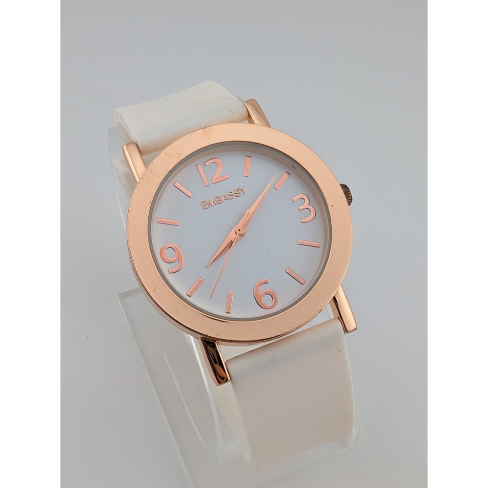 Embassy Watch Women 37mm Rose Gold Case White‎ Silicone Band- New Battery